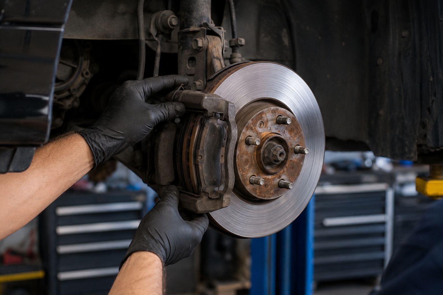 Hands working on a wheel and axle assembly